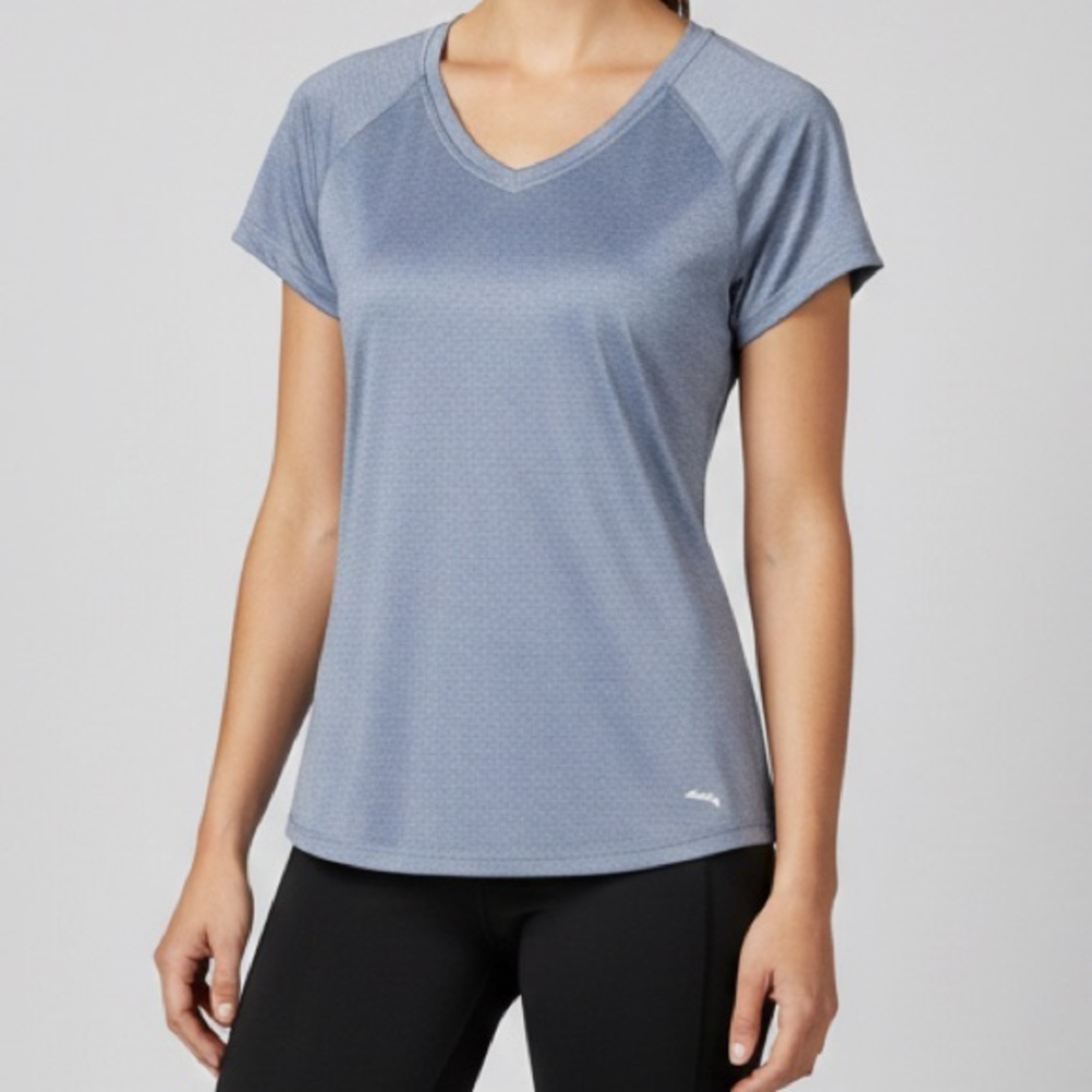 EVERLAST Women’s Short Sleeve V Neck Athleisure Heathered Blue/Grey Shirt